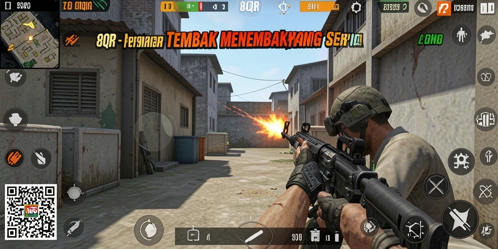 Screenshot utama menunjukkan gameplay intens dari <strong>8QR</strong> dalam pertempuran TPS.