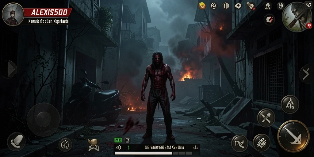 Tangkapan layar dari gameplay ALEXIS500 dengan suasana menyeramkan.