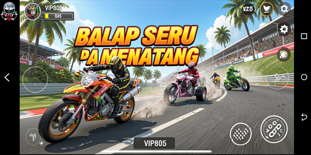 Screenshot menunjukkan aksi balapan intens di VIP805 dengan mobil cepat.